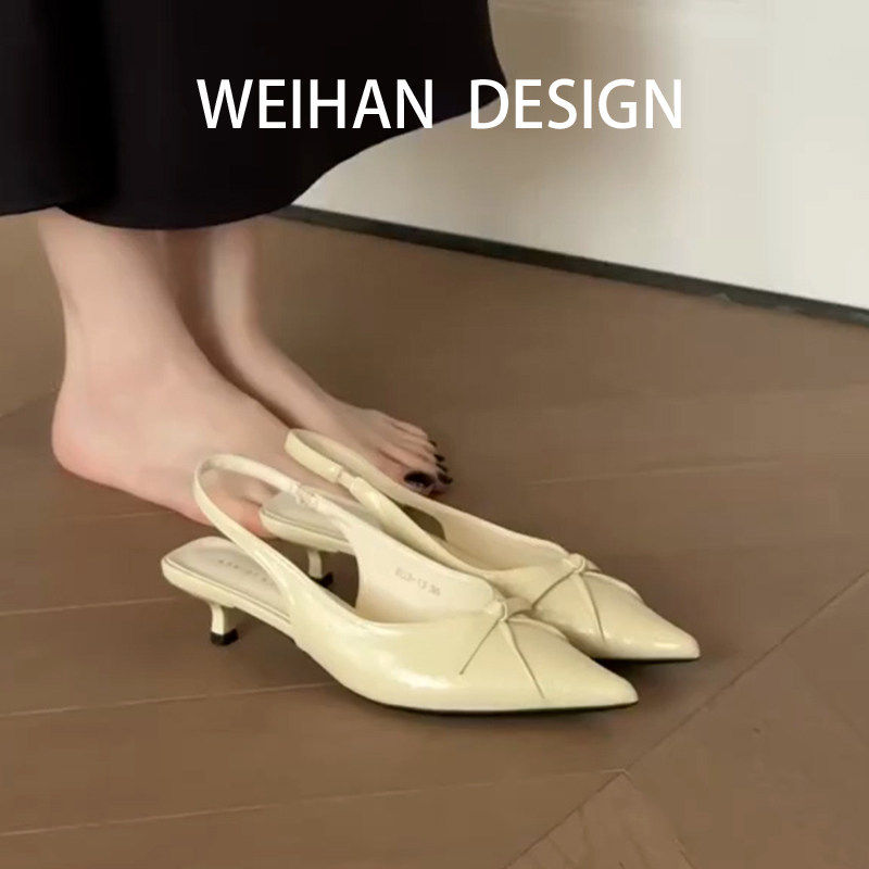 羊皮版！甜美风尖头细跟单鞋女夏外穿后空一字扣蝴蝶结低跟高跟鞋