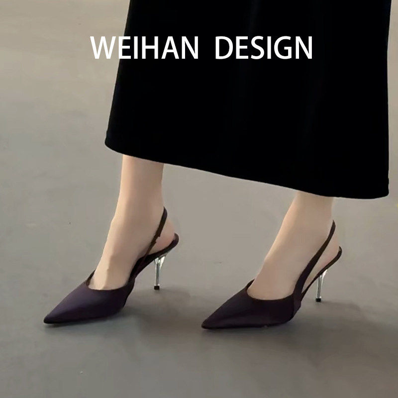羊皮版！缎面尖头高跟鞋女细跟气质包头凉鞋高级感后空名媛风单鞋