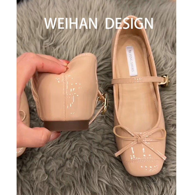 羊皮版！内增高裸色玛丽珍鞋女一字带蝴蝶结晚晚风平底配裙子单鞋