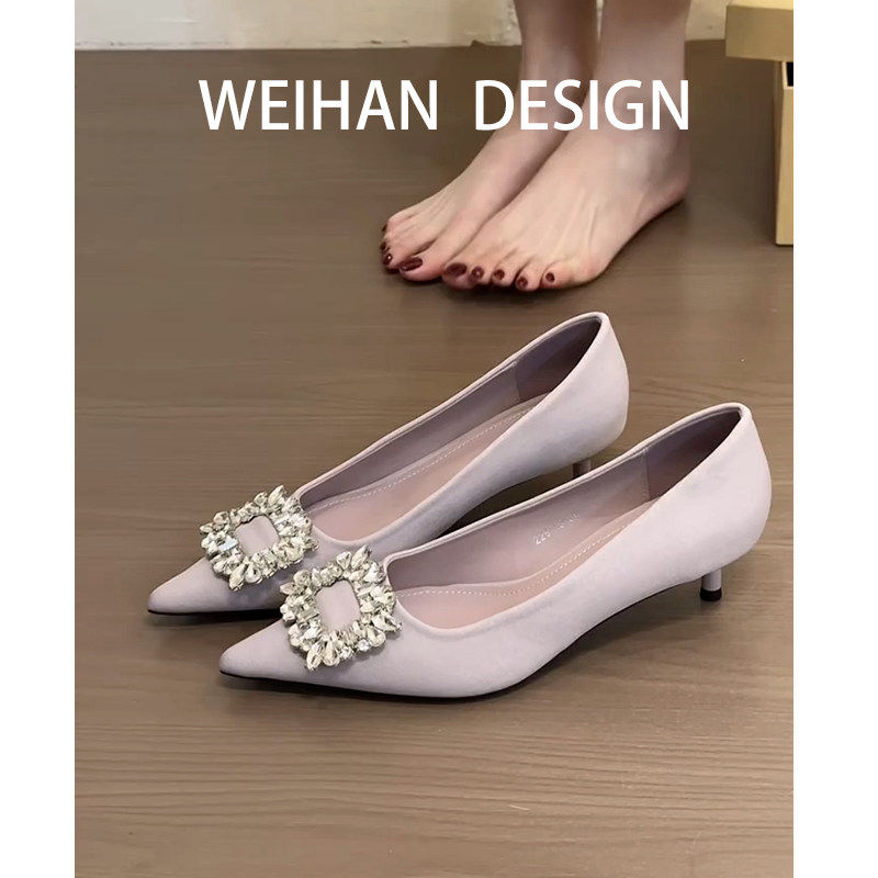 羊皮版！法式气质尖头水钻方扣单鞋女细跟浅口一脚蹬高跟鞋工作鞋