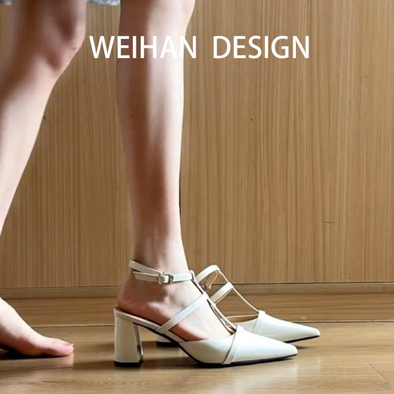 羊皮版！法式气质名媛风包头凉鞋尖头显瘦镂空漆皮一字扣带高跟鞋