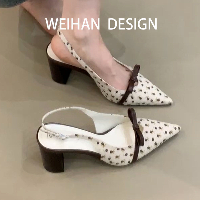 羊皮版！小香风拼色粗跟包头凉鞋配裙子春夏尖头蝴蝶结後空高跟鞋