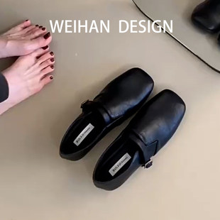 羊皮版!黑色简约风平底乐福鞋女复古真皮小皮鞋方头一脚蹬单鞋潮