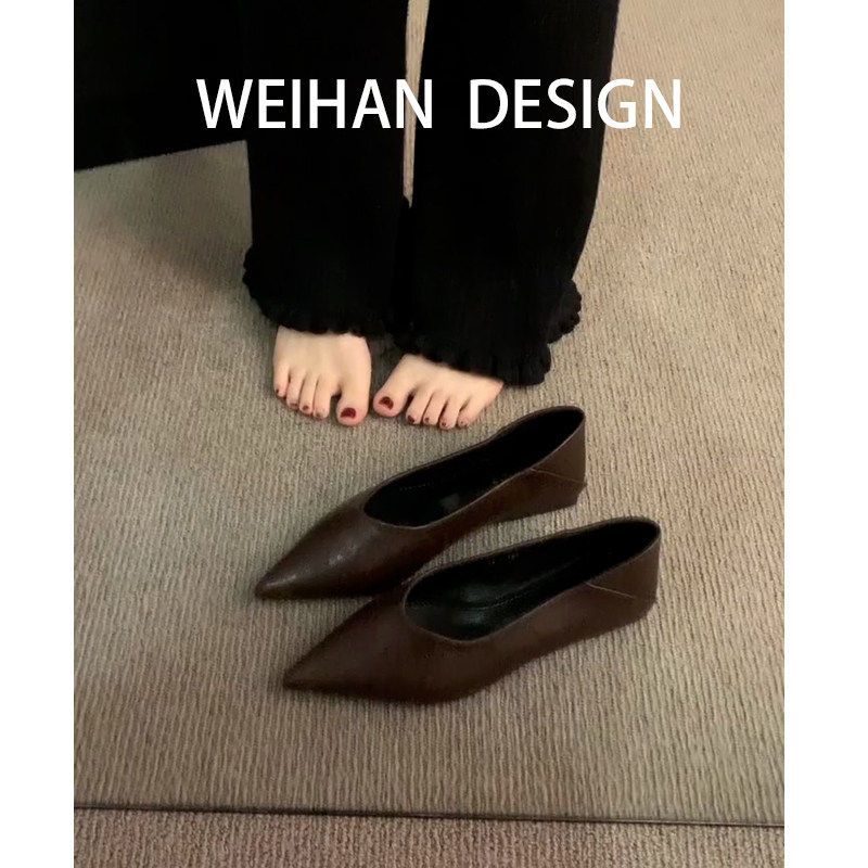 羊皮版！法式平底尖头单鞋女浅口通勤内增高覆古一脚蹬气质工作鞋