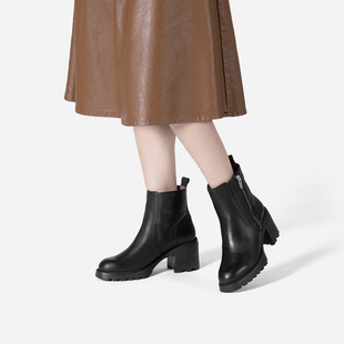 WONDERS西班牙原产进口圆头粗跟高跟水台侧拉链超轻舒适短筒女靴