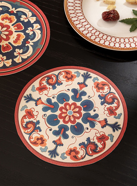 美式民族风茶垫圆形皮革小餐垫轻奢防水防油隔热防烫餐桌杯垫免洗