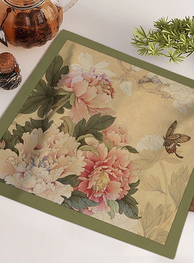 新中式荷花茶杯茶具防尘遮灰布方形细腻短毛绒万能盖布厨房餐具布