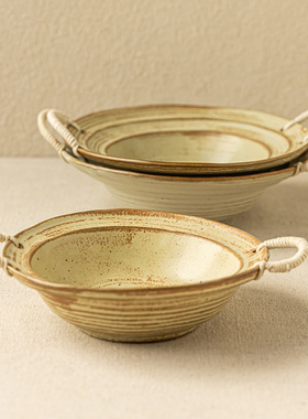 YE HOME  古色古香~粗陶绳编双耳碗复古日式草帽碗家用意面碗菜碗