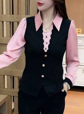 /恒清女装洋气拼接假两件衬衫春季女款气质显瘦打底衫妈妈装上a7