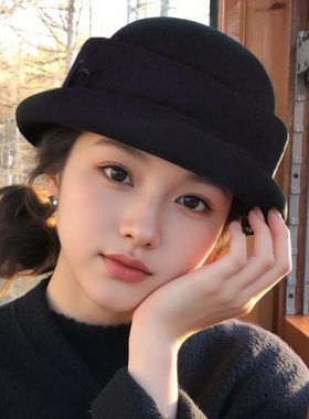 昭熙奢选国风款帽子女2025留洋千金风礼帽赫本风贝雷帽黑色渔a99