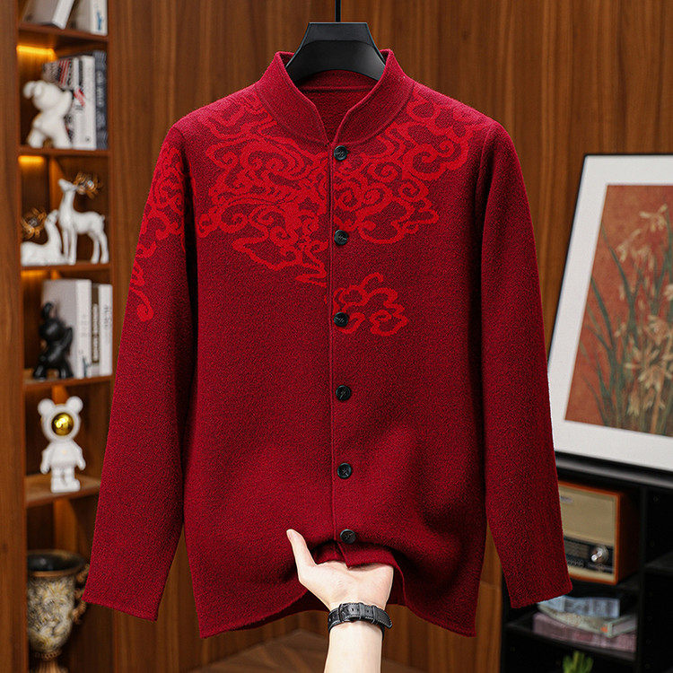 冬季衬衫男加厚保暖衣爸爸本命年红色婚喜宴爷爷花衬衣羊毛衫外套