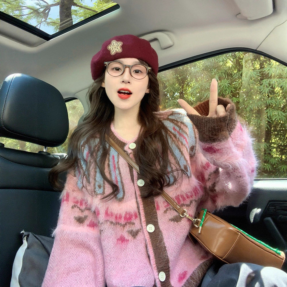 粉色费尔岛提花毛衣外套女秋冬厚2025新款慵懒温柔风复古针织开衫