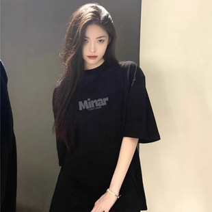 胖mm黑色重磅简约字母t恤女大码短袖夏大码纯棉美式复古半袖上衣