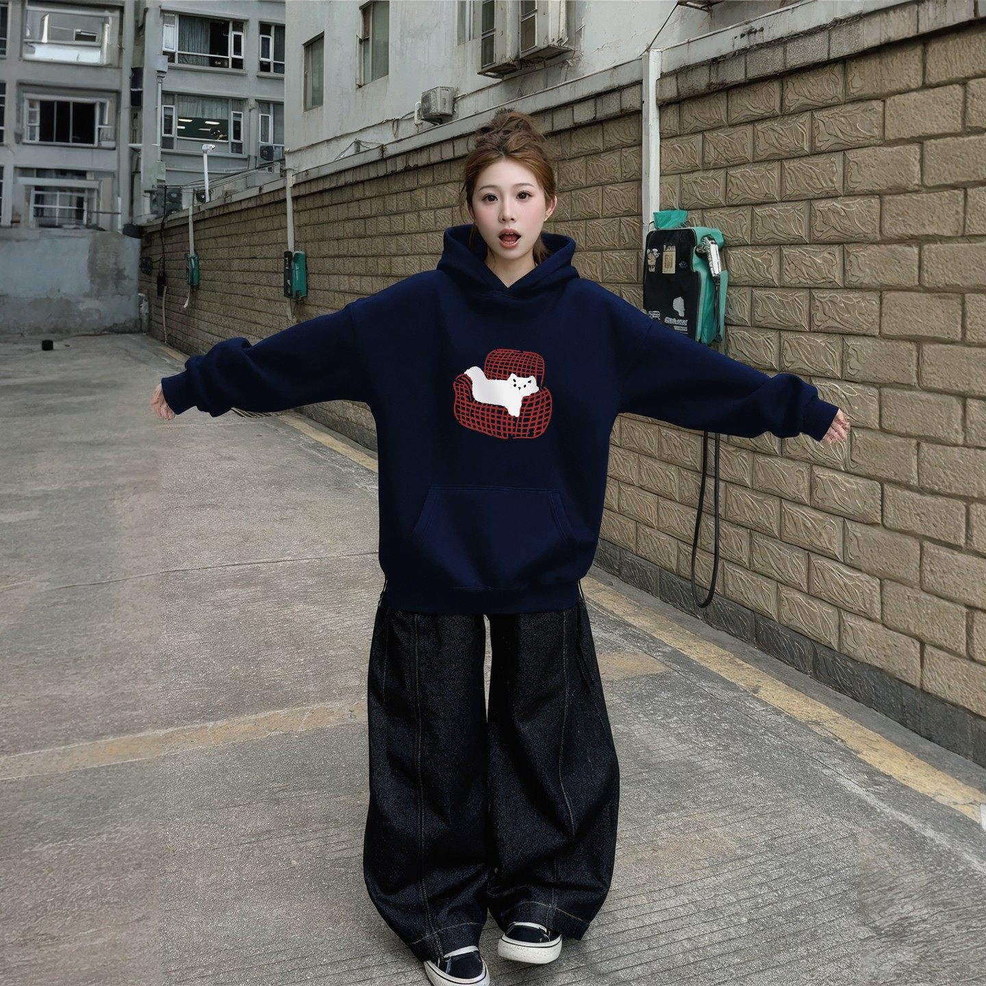 连帽卫衣女藏蓝色2025新款秋冬季外套宽松美式慵懒风加绒加厚上衣