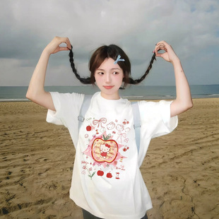 纯棉胖MM大码美式复古卡通苹果kitty猫印花短袖T恤宽松纯棉上衣女