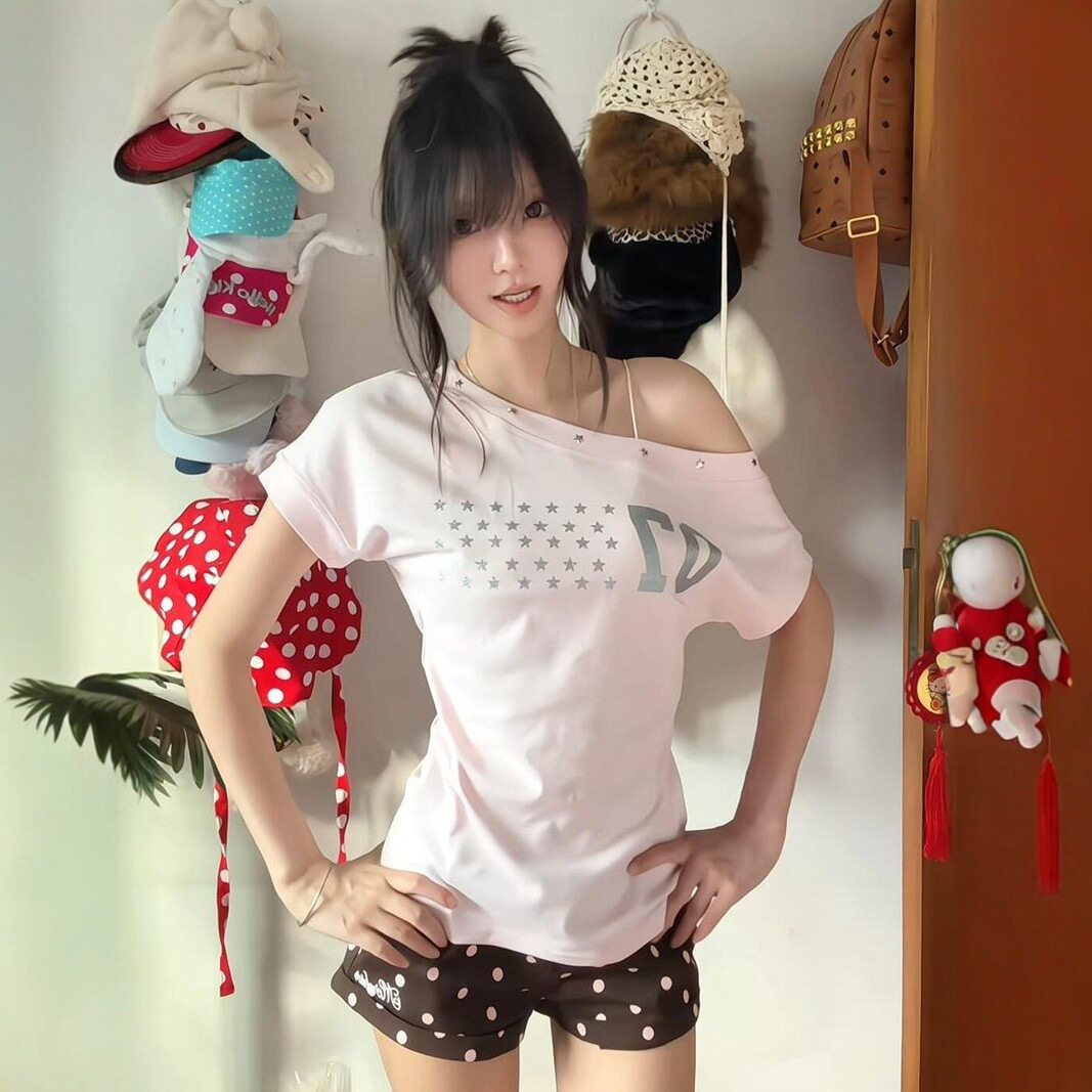 美式星星印花铆钉斜肩短袖t恤女修身显瘦上衣夏
