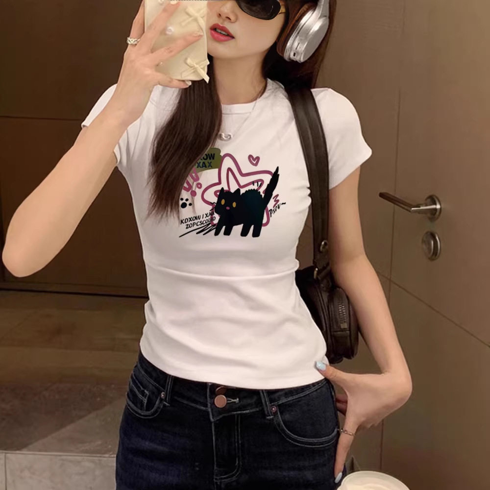 纯棉白色短袖t恤女2026新款爆款夏季卡通设计感小众百搭圆领上衣