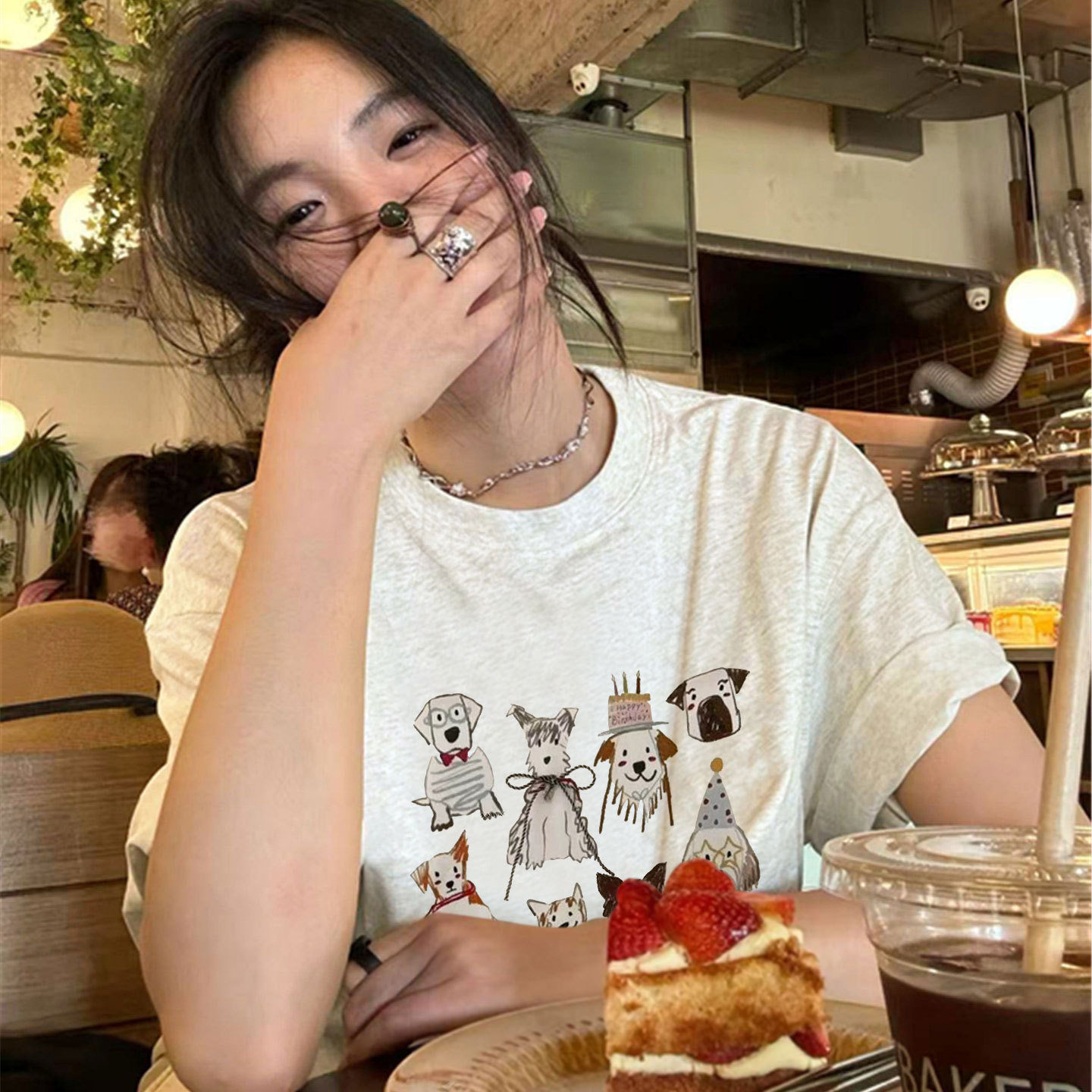 2026新款爆款夏季纯棉短袖t恤女灰色正肩设计感美式宽松半袖上衣