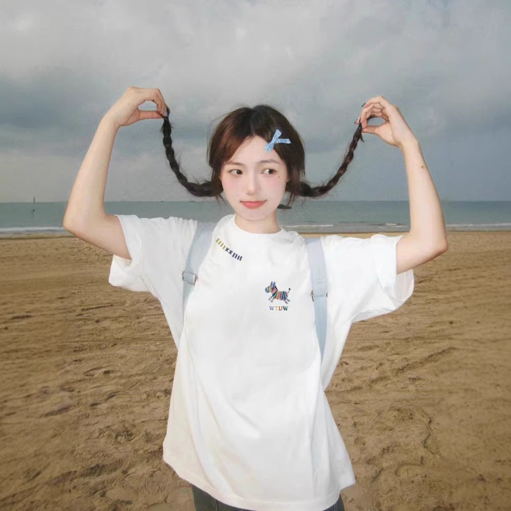 白色纯棉短袖t恤女夏2026新款学生宽松慵懒风休闲半袖设计感上衣