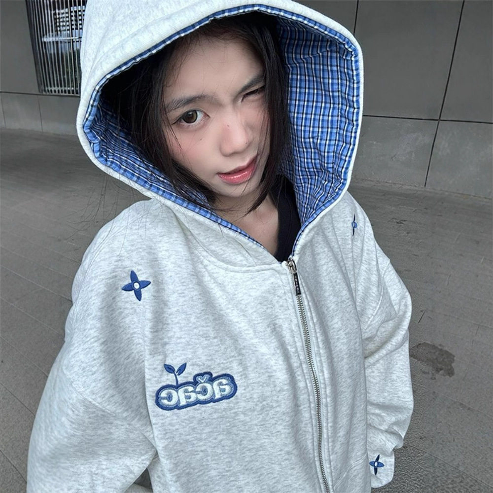 美式复古格子拼接开衫卫衣外套女潮牌秋冬季宽松休闲连帽拉链