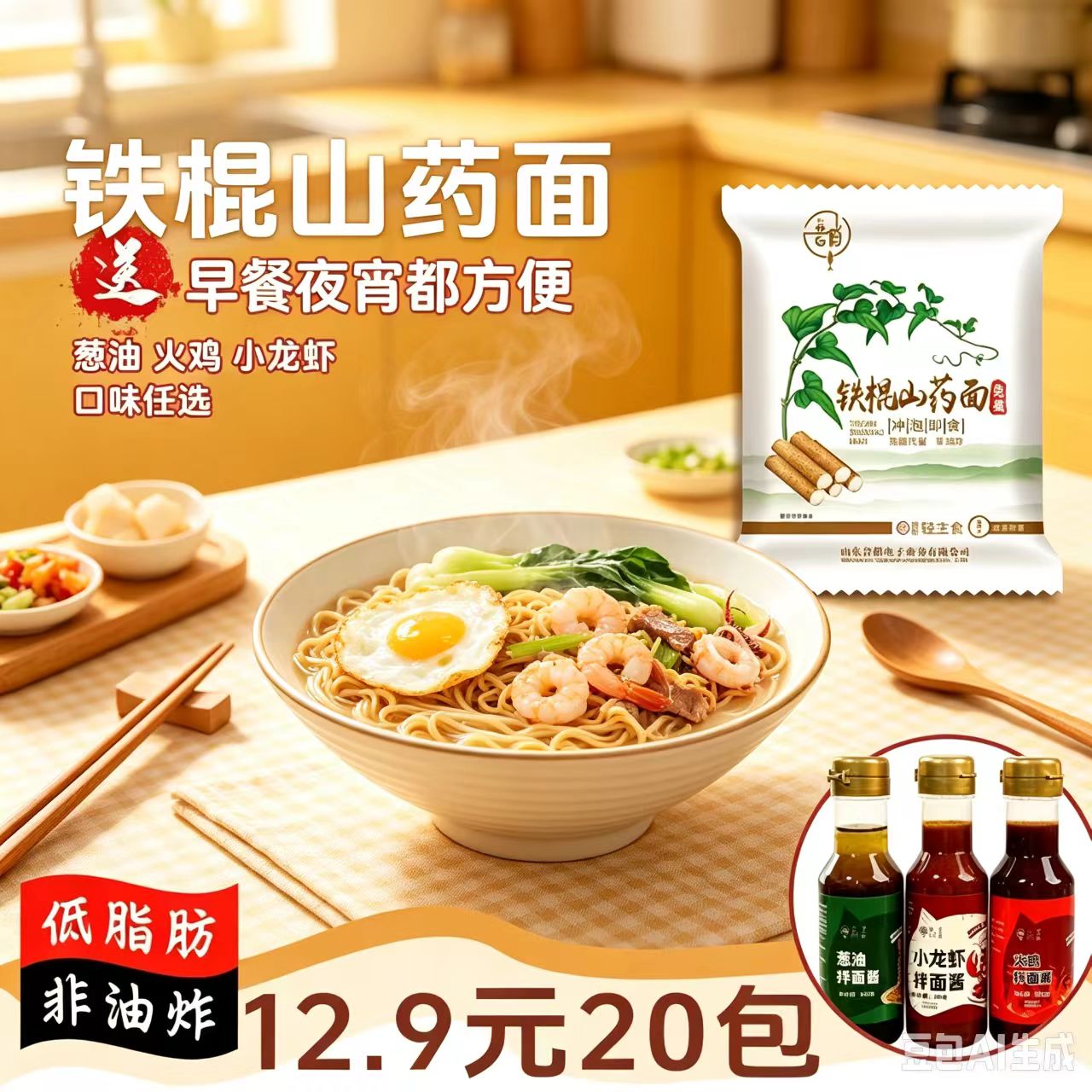 非油炸【20包铁棍山药方便面】免煮火锅面条炒面宿舍早餐粗粮代餐