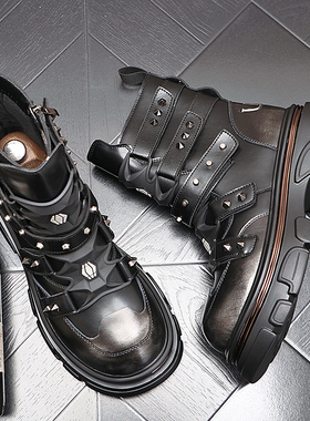 马丁靴男时尚铆钉高帮休闲鞋英伦风青年时装皮靴厚底潮牌中邦靴子