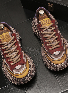 2024新款做旧擦色老爹鞋舒适皮面增高轮胎底百搭网红爆款休闲男鞋