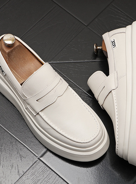 低帮青年男时尚皮鞋套脚乐福鞋男士百搭白色套脚低帮休闲鞋一脚蹬