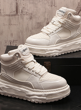 高帮鞋男新款厚底增高小白鞋潮牌青年休闲鞋红色英伦风短靴男鞋子