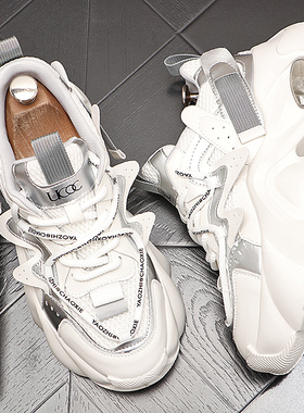 帅气红色增高男士老爹鞋拼色潮流小众设计款厚底休闲鞋子薄款透气