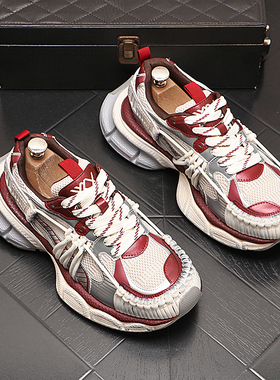 厚底增高复古老爹鞋男休闲透气拼色真皮运动鞋男士低帮网面脏脏鞋