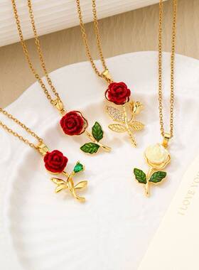 匀鲤饰品厂简约满钻玫瑰花吊坠气质感百搭钛钢链条锁骨链精美项a2