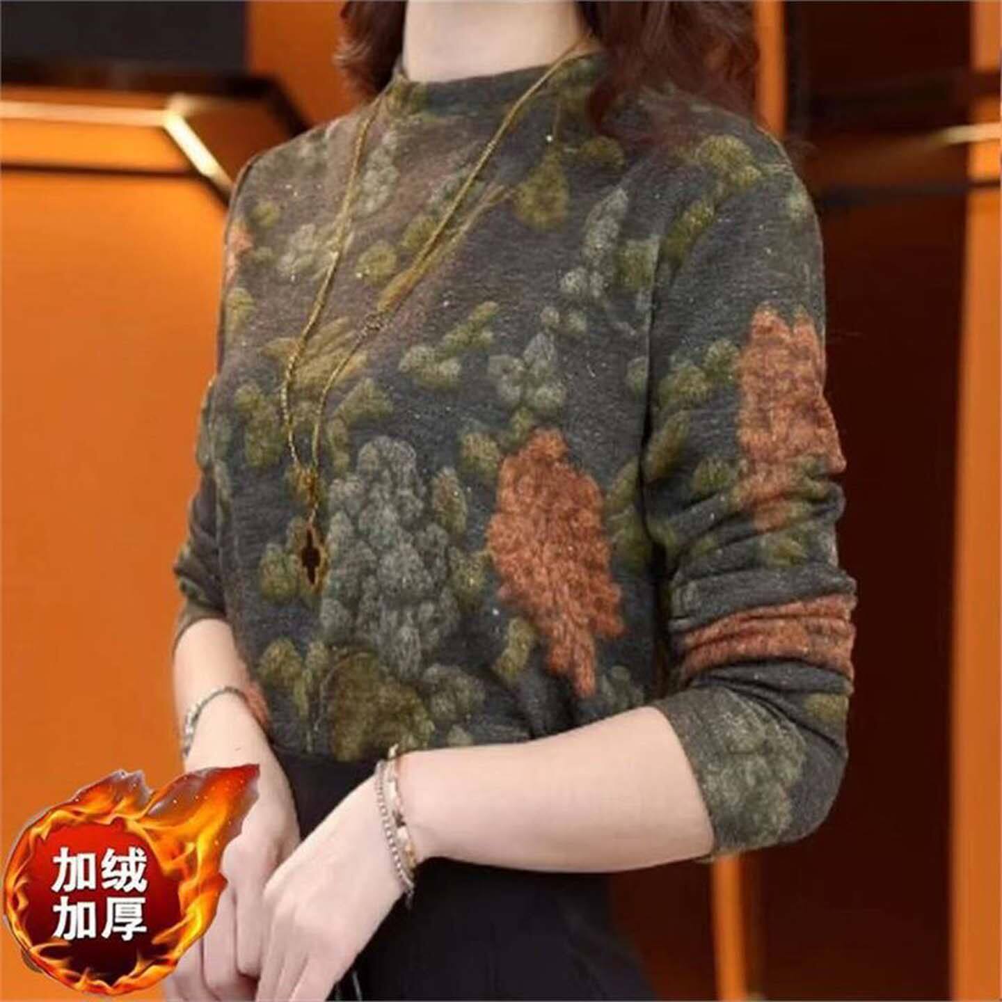 芙霖文艺复古印花上衣女秋冬新款宽松显瘦圆领T恤衫休闲百搭长a1