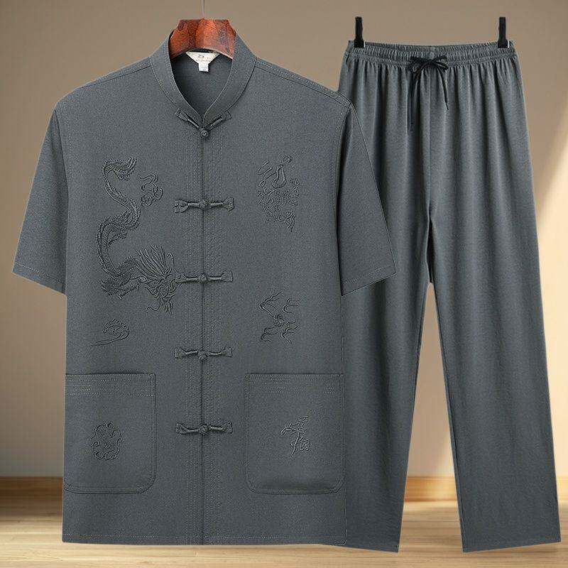 玛微唐装男冰丝短袖套装夏季薄款中国风中老年爸爸装爷爷老人衣a2