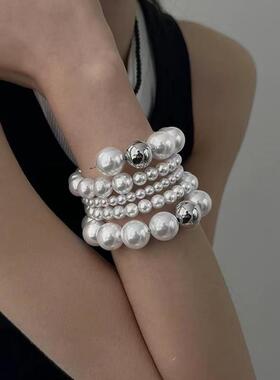 珍珠手炼多层韩系ins简约百搭女缠绕串珠手串轻奢法式高级感手镯