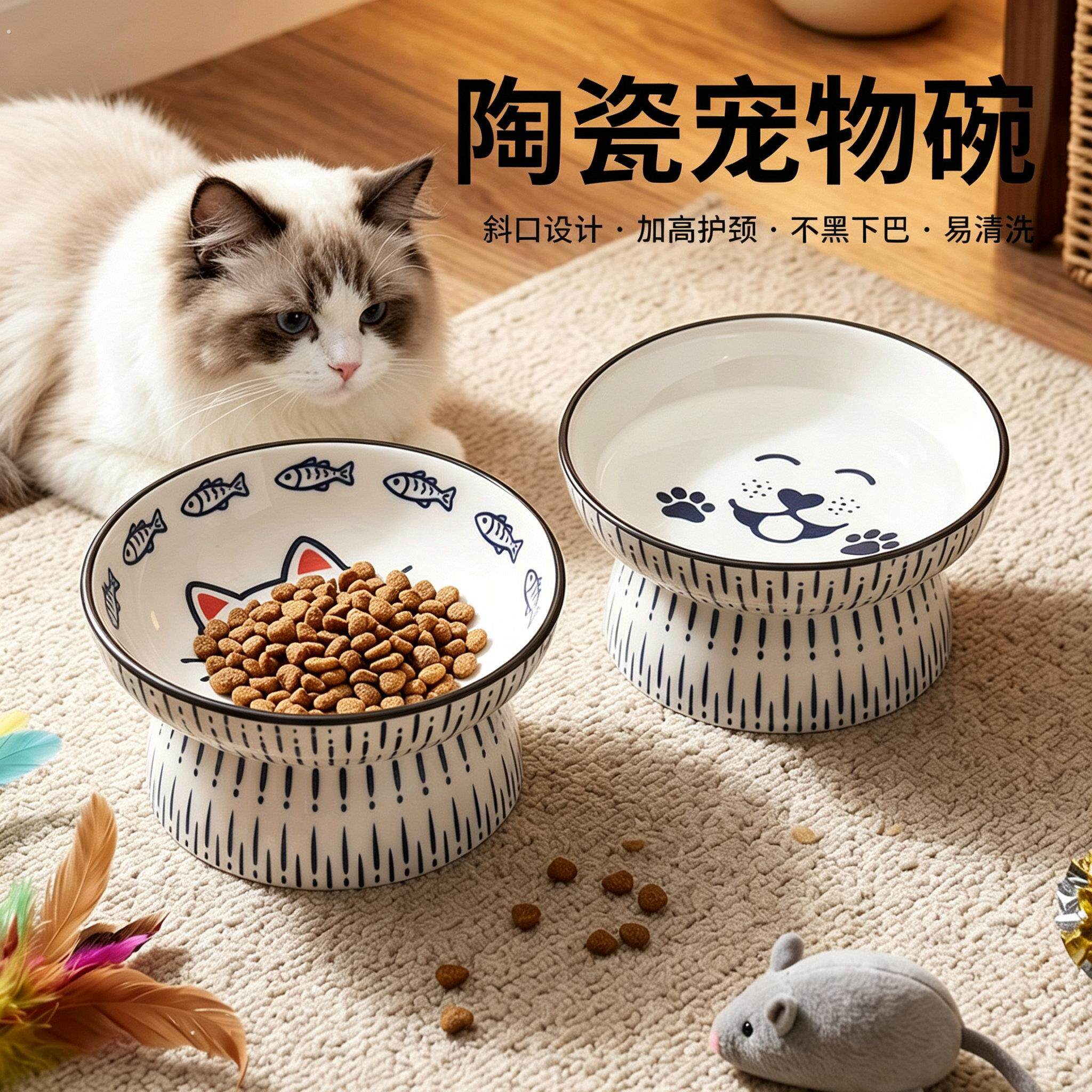 陶瓷猫碗高脚护颈斜口宠物碗猫咪食盆猫粮碗喝水碗防黑下巴狗狗碗
