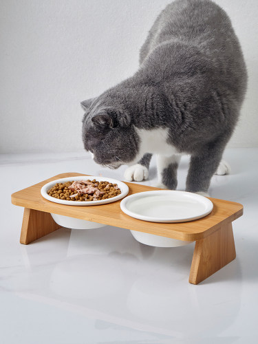 Hocc宠物食品碗和饮用水集成猫食品碗猫陶瓷碗猫碗架双碗矮猫增高