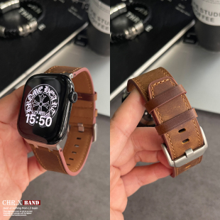 适用于苹果手表真皮45mm表带applewatch78910疯马皮49mm腕带ultra