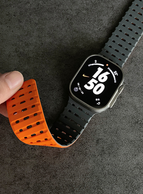 双色磁吸适用于applewatch8910硅胶表带苹果手表45mm透气运动腕带