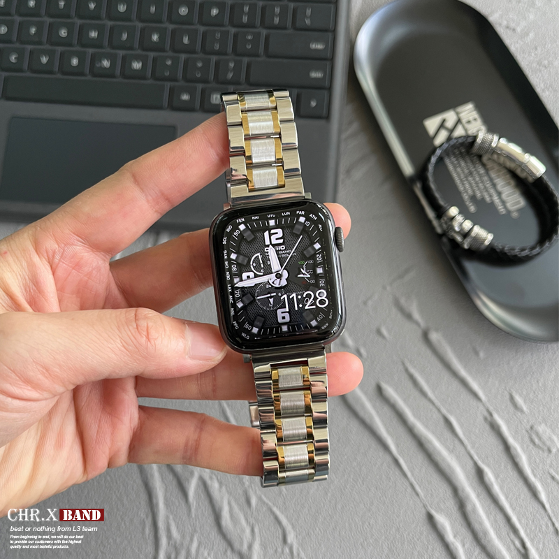 适用于苹果手表商务男女45mm表带iwatch78910不锈钢金属腕带ultra