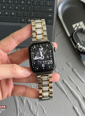 适用于苹果手表商务男女45mm表带iwatch78910不锈钢金属腕带ultra