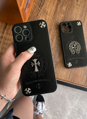适用于iphone15pro克罗芯情侣手机壳套14MAX时尚女防摔皮质12pro手机壳苹果13pro手机壳金属朋克风手机壳