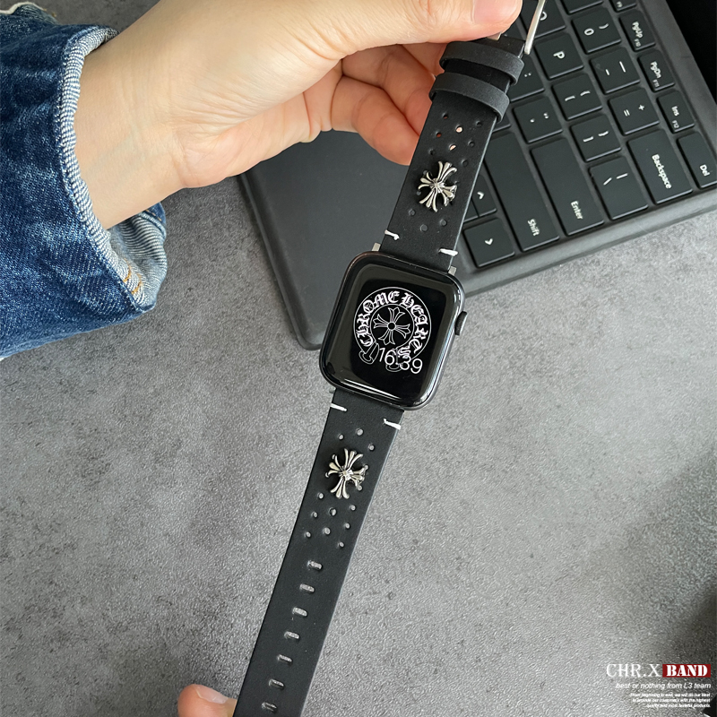 适用苹果手表克罗心真皮45mm表带applewatch10复古朋克腕带ultra2