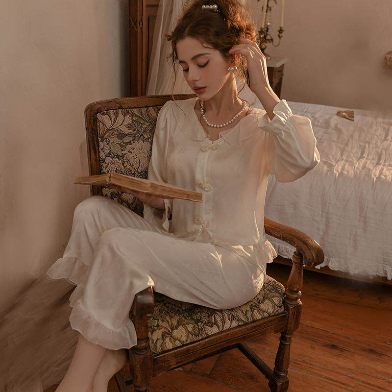 YINELCHUNL隐萱睡衣女夏真丝甜美娃娃领宫廷风复古家居服套装长袖