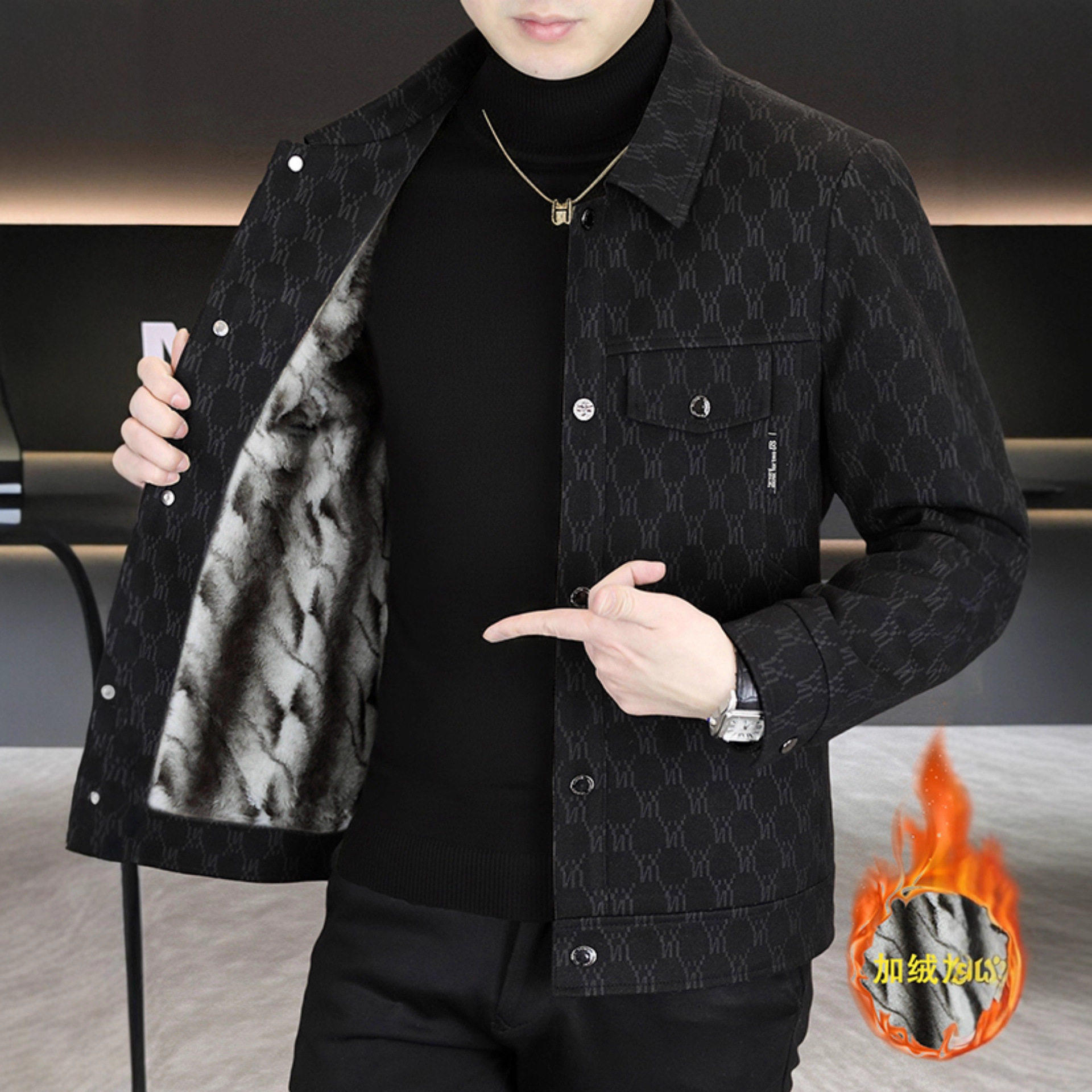 吉时喜潮搭服饰加绒加厚夹克防寒保暖外套翻领上衣提花拼接冬装男