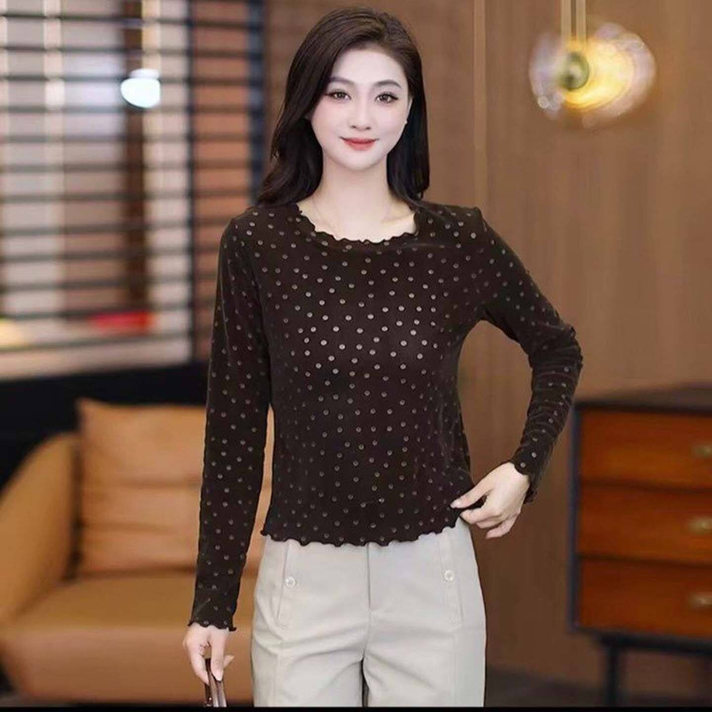 铂瑾甄选女装加绒木耳边长袖t恤气质圆领波点打底衫显瘦减龄上a3