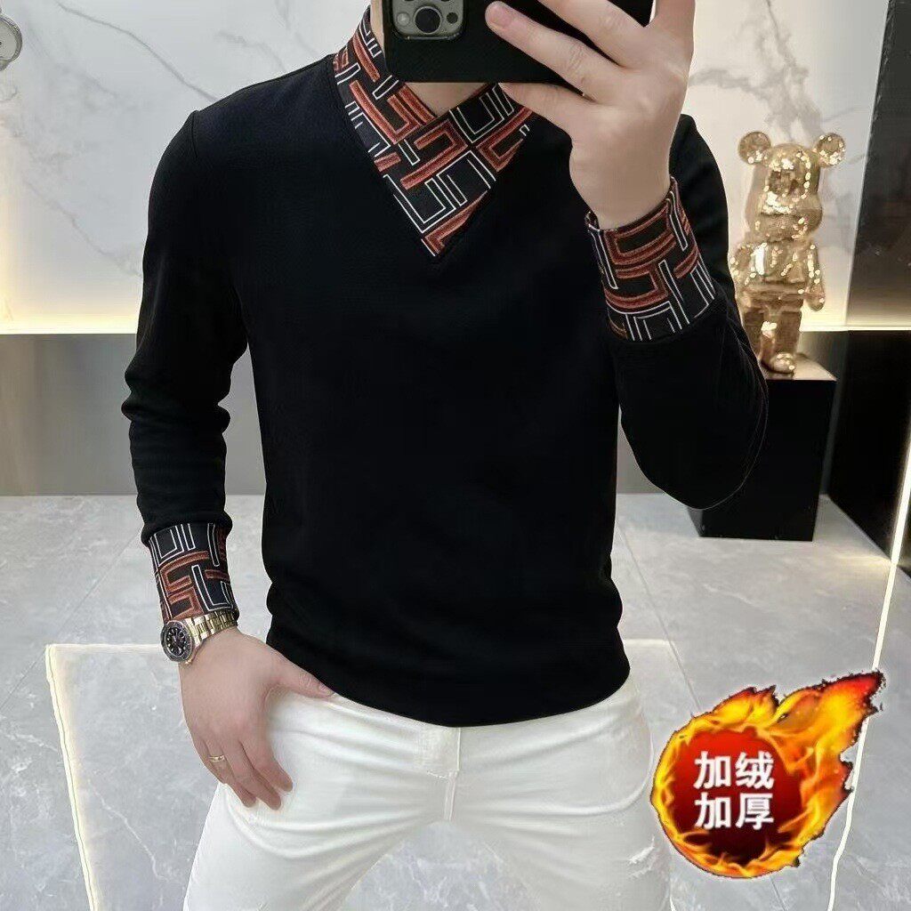 冬季新款围巾领加绒男士卫衣轻奢时尚印花保暖打底外穿通勤日常a7