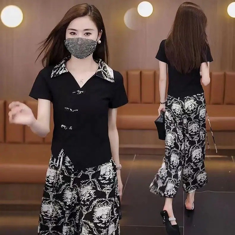 【新款】套装时尚洋气女装夏季短袖+裤子显瘦新中式两件套国风a1