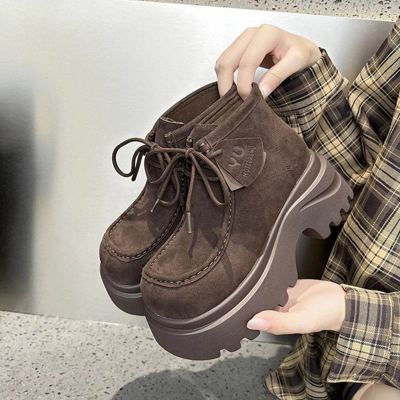 柚鑫女鞋松糕厚底马丁靴女2025秋季新款真皮女靴复古绒面休闲a68