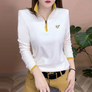 女士气质百搭立领长袖 打底衫 秋冬拼色刺绣a99 轻奢时尚 芸菲汇女装